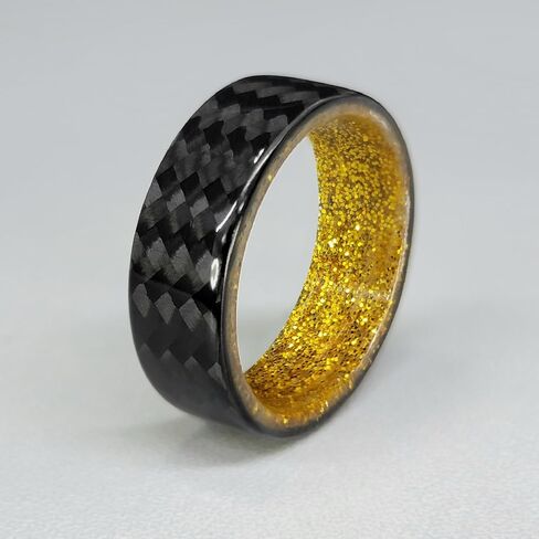 Carbon Fiber Twill Ring with Gold Sparkle Interior for Men or Women, Matte or High Gloss Finish, Durable, Waterproof, Sizes 4-16, Custom Band Widths in Saudi Arabia