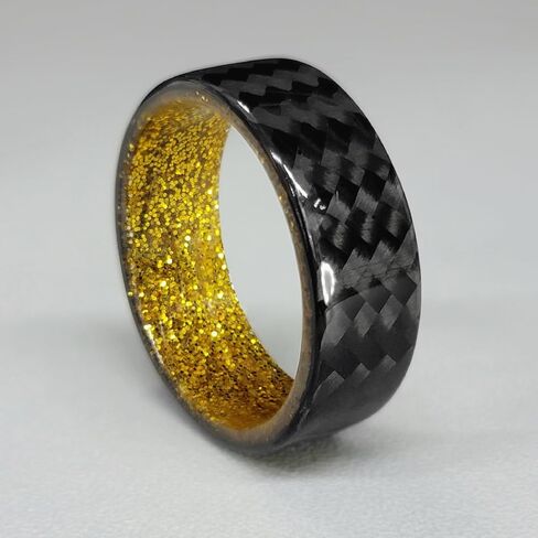 Carbon Fiber Twill Ring with Gold Sparkle Interior for Men or Women, Matte or High Gloss Finish, Durable, Waterproof, Sizes 4-16, Custom Band Widths in Saudi Arabia