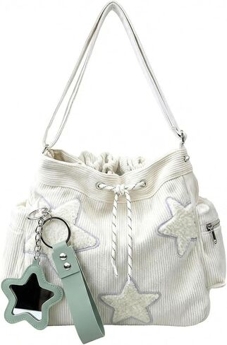Y2K Messenger Bag for Women, Star Quilted Corduroy Cute Messenger Bag with Star-shaped Mirror, Kawaii Tote Purse Shoulder Bag（White） in Saudi Arabia