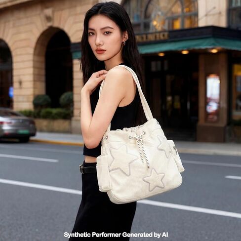 Y2K Messenger Bag for Women, Star Quilted Corduroy Cute Messenger Bag with Star-shaped Mirror, Kawaii Tote Purse Shoulder Bag（White） in Saudi Arabia