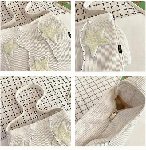 Y2K Messenger Bag for Women, Star Quilted Corduroy Cute Messenger Bag with Star-shaped Mirror, Kawaii Tote Purse Shoulder Bag（White） in Saudi Arabia