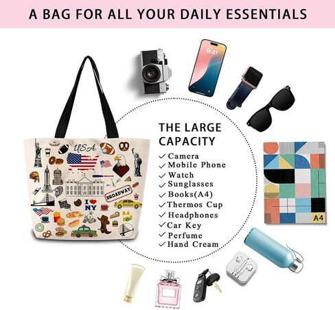 Travel the Usa Tote Bag Cute Aesthetic Shopping Shoulder Handbag with Interior Zipper Pocket Lightweight & Washable Stylish Usa Themed Travel Present for Women Friends in Saudi Arabia