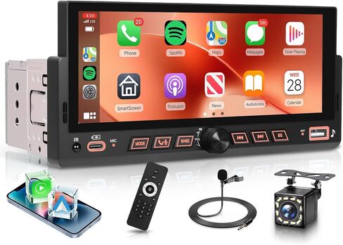 6.86" Single Din Car Stereo with Wireless Carplay & Android Auto, Backup Camera, Car Radio Bluetooth 5.2, HD LED Screen 1280x480, Voice Control, FM/EQ/USB/Mirror Link/SWC in Kuwait