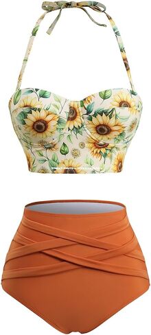 DRESSFO Retro Bikini Sets for Women 2 Piece Vintage Bikini Sunflowers Printed High Waisted Tankini Swimsuits Bathing Suit in Kuwait