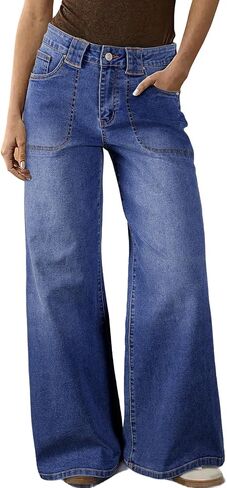 Astylish Women's High Waisted Wide Leg Jeans Stretch Denim Pants with Front Patch Pockets in Kuwait