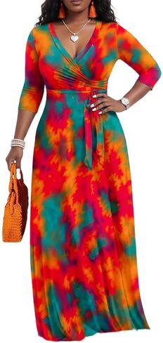 PerZeal Women's 3/4 Sleeves Maxi Dress V Neck Cocktail Party Dress Curvy Wrap Sexy Printed Pattern Dresses with Belt in Saudi Arabia