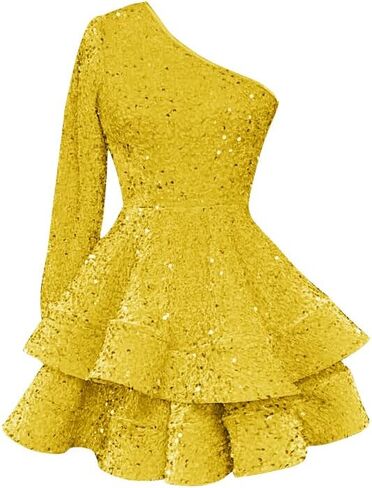 Women's One Shoulder Sequin Homecoming Dresses for Teens Puffy Layered Long Sleeve Short Cocktial Gown in Saudi Arabia