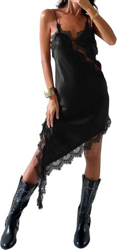 Foidiccx Womens Asymmetrical Satin Lace Slip Mini Dress Sexy Low Cut Open Back Spaghetti Strap Long Tank Tops Short Dresses in Saudi Arabia