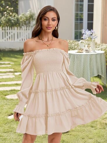 Women's Square Neck Fall Long Sleeve Shirred Smocked Ruffle Hem A Line Flowy Swing Party Mini Dress in Saudi Arabia