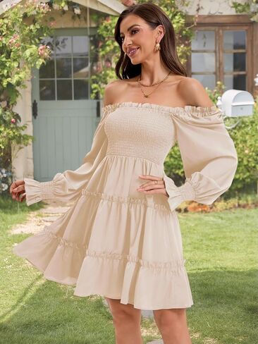 Women's Square Neck Fall Long Sleeve Shirred Smocked Ruffle Hem A Line Flowy Swing Party Mini Dress in Saudi Arabia