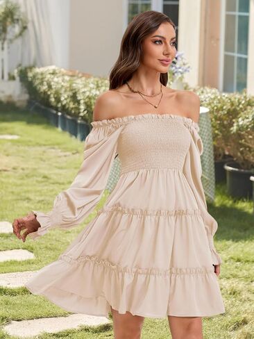 Women's Square Neck Fall Long Sleeve Shirred Smocked Ruffle Hem A Line Flowy Swing Party Mini Dress in Saudi Arabia