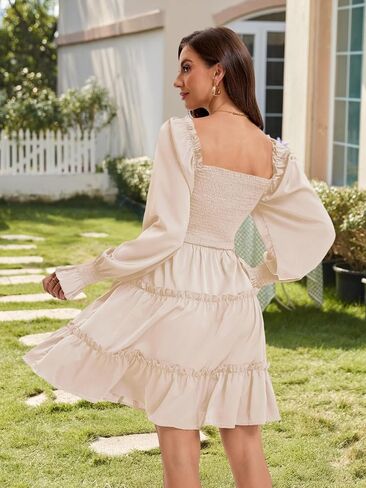 Women's Square Neck Fall Long Sleeve Shirred Smocked Ruffle Hem A Line Flowy Swing Party Mini Dress in Saudi Arabia