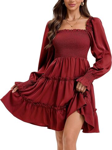 Women's Square Neck Fall Long Sleeve Shirred Smocked Ruffle Hem A Line Flowy Swing Party Mini Dress in Saudi Arabia