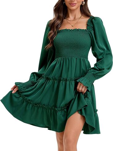 Women's Square Neck Fall Long Sleeve Shirred Smocked Ruffle Hem A Line Flowy Swing Party Mini Dress in Saudi Arabia