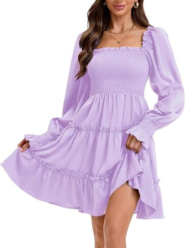Women's Square Neck Fall Long Sleeve Shirred Smocked Ruffle Hem A Line Flowy Swing Party Mini Dress in Saudi Arabia