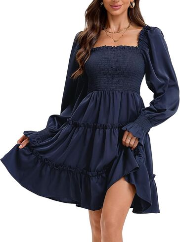 Women's Square Neck Fall Long Sleeve Shirred Smocked Ruffle Hem A Line Flowy Swing Party Mini Dress in Saudi Arabia