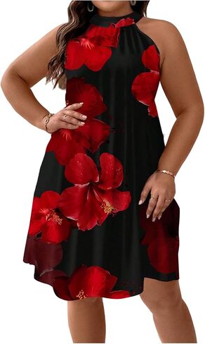 Floerns Women's Plus Size Printed Tie Back Halter Dress A Line Knee Length Tunic Dresses in Kuwait