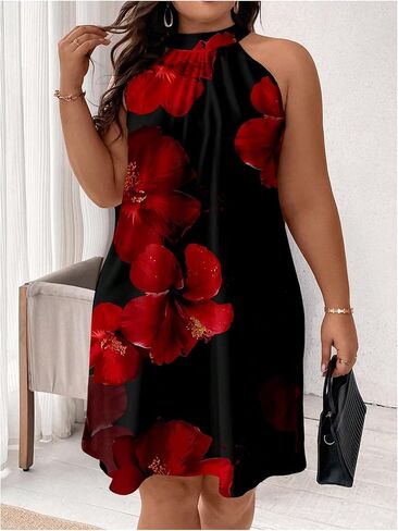 Floerns Women's Plus Size Printed Tie Back Halter Dress A Line Knee Length Tunic Dresses in Kuwait