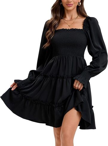 Women's Square Neck Fall Long Sleeve Shirred Smocked Ruffle Hem A Line Flowy Swing Party Mini Dress in Saudi Arabia