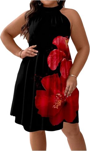 Floerns Women's Plus Size Printed Tie Back Halter Dress A Line Knee Length Tunic Dresses in Kuwait