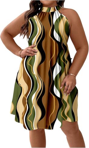 Floerns Women's Plus Size Printed Tie Back Halter Dress A Line Knee Length Tunic Dresses in Kuwait