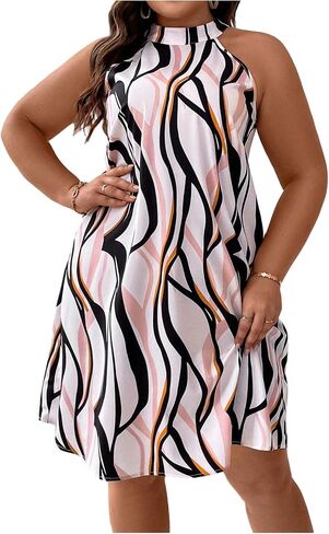 Floerns Women's Plus Size Printed Tie Back Halter Dress A Line Knee Length Tunic Dresses in Kuwait