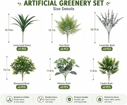 12 Bundles Artificial Outdoor Plants - UV Resistant Faux Greenery Mix with Eucalyptus, Fern, Lavender & Spider Grass - Weatherproof Fake Foliage for Porch, Window Box & Garden Decor in Saudi Arabia