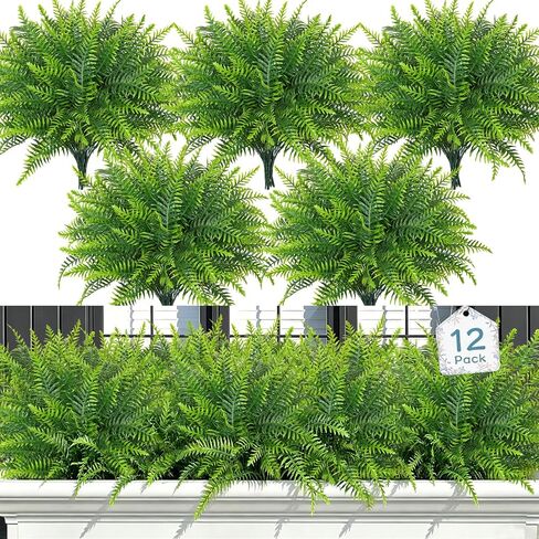 Dremisland 12 Bundles Artificial Plants Outdoor Faux Boston Fern 17.7 Inch Long Length Artificial Ferns UV Resistant Fake Plants Spring Summer Greenery Shrubs for Hanging Planter Garden Porch Decor in Saudi Arabia