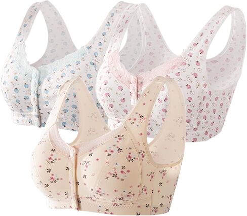 3Pack Everyday Cozy Bras, Woman Floral Wirefree Bra Front Button Close Cotton Lace Push up Plus Size Bra in Saudi Arabia