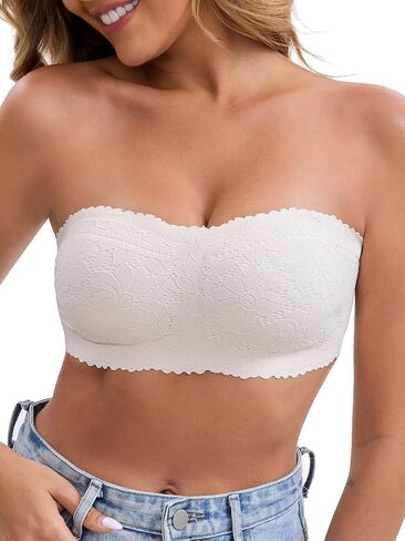 Allegra K Women's Bras Strapless Wireless Padded Lace Push Up White S | Full Lace Bralette, Fixed Cup, Anti-Slip, 3 Rows of Hooks, Off Shoulder, All Season, Work, Sleep, Dating, Dailywear in Saudi Arabia