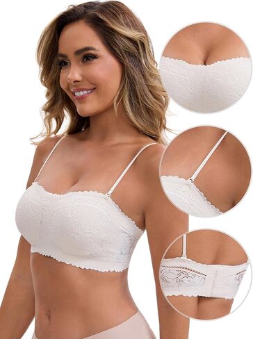 Allegra K Women's Bras Strapless Wireless Padded Lace Push Up White S | Full Lace Bralette, Fixed Cup, Anti-Slip, 3 Rows of Hooks, Off Shoulder, All Season, Work, Sleep, Dating, Dailywear in Saudi Arabia