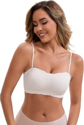 Allegra K Women's Bras Strapless Wireless Padded Lace Push Up White S | Full Lace Bralette, Fixed Cup, Anti-Slip, 3 Rows of Hooks, Off Shoulder, All Season, Work, Sleep, Dating, Dailywear in Saudi Arabia