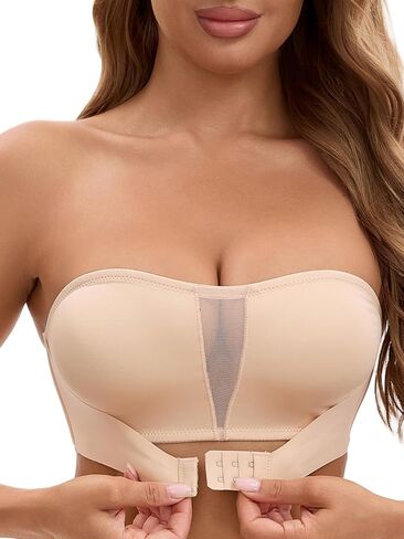 Allegra K Womens Bra Strapless Front Buckle Wireless Mesh Beige L | Push Up Bandeau, See Through Bralette, Breathable Tube Top, Anti-Slip, High Elasticity, Work, Sports, Party, Club, Date in Saudi Arabia