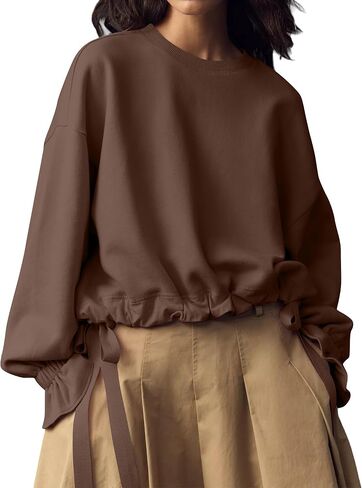 Eutten Women Crop Sweatshirt Balloon Long Sleeve Babydoll Tops Crewneck Casual Pullovers with Bow Tie Drawstring Hem in Kuwait