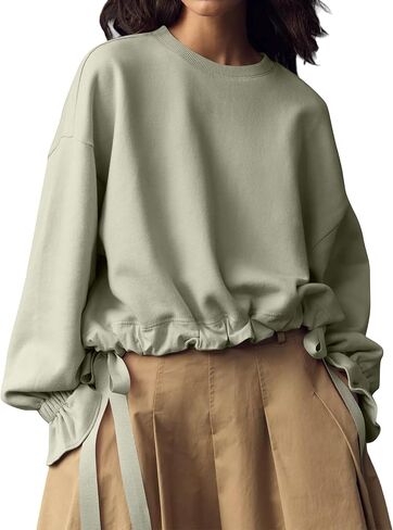 Eutten Women Crop Sweatshirt Balloon Long Sleeve Babydoll Tops Crewneck Casual Pullovers with Bow Tie Drawstring Hem in Saudi Arabia