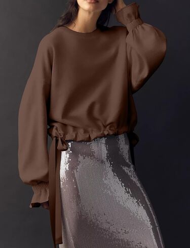 Eutten Women Crop Sweatshirt Balloon Long Sleeve Babydoll Tops Crewneck Casual Pullovers with Bow Tie Drawstring Hem in Kuwait
