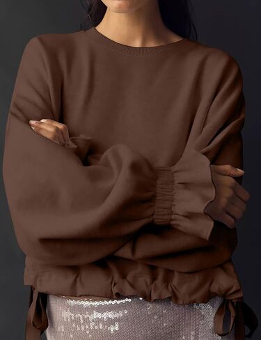 Eutten Women Crop Sweatshirt Balloon Long Sleeve Babydoll Tops Crewneck Casual Pullovers with Bow Tie Drawstring Hem in Kuwait