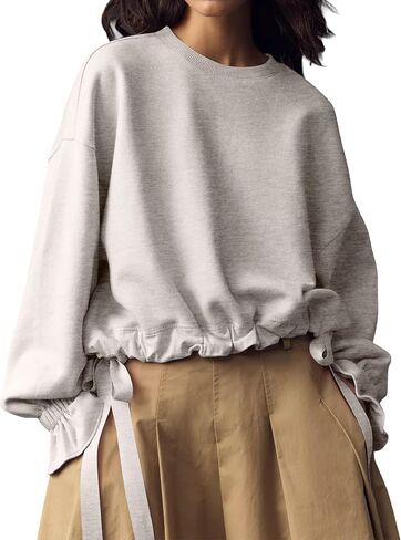 Eutten Women Crop Sweatshirt Balloon Long Sleeve Babydoll Tops Crewneck Casual Pullovers with Bow Tie Drawstring Hem in Kuwait