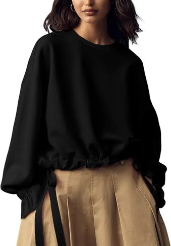 Eutten Women Crop Sweatshirt Balloon Long Sleeve Babydoll Tops Crewneck Casual Pullovers with Bow Tie Drawstring Hem in Kuwait