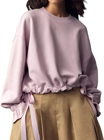 Eutten Women Crop Sweatshirt Balloon Long Sleeve Babydoll Tops Crewneck Casual Pullovers with Bow Tie Drawstring Hem in Kuwait