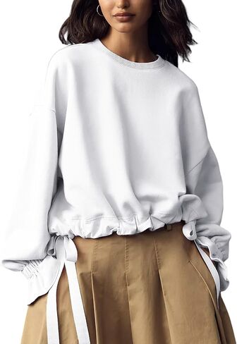 Eutten Women Crop Sweatshirt Balloon Long Sleeve Babydoll Tops Crewneck Casual Pullovers with Bow Tie Drawstring Hem in Kuwait