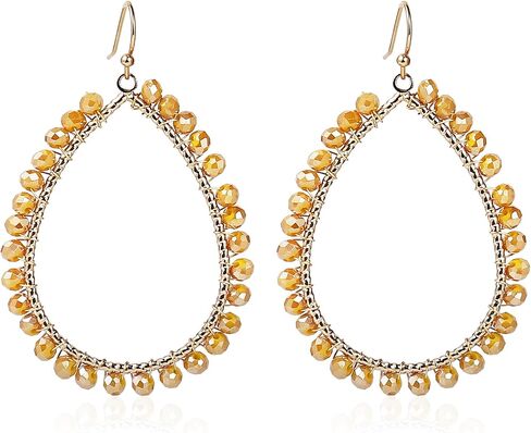 Bohemian Sparkly Crystal Beaded Dangle Earrings Teardrop Earrings for Women Fashionable & Trendy Jewelry Gift-Round Orange in Kuwait