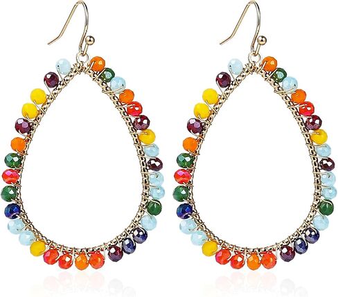 Bohemian Sparkly Crystal Beaded Dangle Earrings Teardrop Earrings for Women Fashionable & Trendy Jewelry Gift-Round Orange in Kuwait