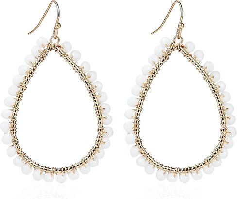Bohemian Sparkly Crystal Beaded Dangle Earrings Teardrop Earrings for Women Fashionable & Trendy Jewelry Gift-Round Orange in Kuwait