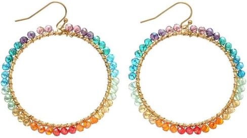Bohemian Sparkly Crystal Beaded Dangle Earrings Teardrop Earrings for Women Fashionable & Trendy Jewelry Gift-Round Orange in Kuwait