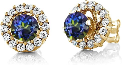 Gem Stone King 18K Yellow Gold Plated Silver 5MM Round Gemstone Birthstone Halo Stud Earrings For Women with Removable Jackets in Saudi Arabia