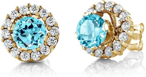 Gem Stone King 18K Yellow Gold Plated Silver 5MM Round Gemstone Birthstone Halo Stud Earrings For Women with Removable Jackets in Saudi Arabia
