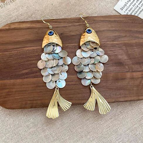 Boho Fish Earrings for Women Gold Chunky Fish Drop Earrings Whimsical Resin Scale Dangle Earrings Quirky Bohemian Statement Earrings Summer Beach Jewelry Gifts in Saudi Arabia