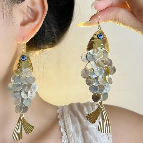 Boho Fish Earrings for Women Gold Chunky Fish Drop Earrings Whimsical Resin Scale Dangle Earrings Quirky Bohemian Statement Earrings Summer Beach Jewelry Gifts in Saudi Arabia