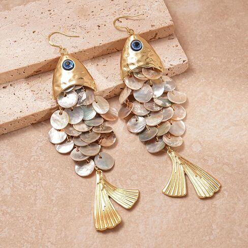 Boho Fish Earrings for Women Gold Chunky Fish Drop Earrings Whimsical Resin Scale Dangle Earrings Quirky Bohemian Statement Earrings Summer Beach Jewelry Gifts in Saudi Arabia
